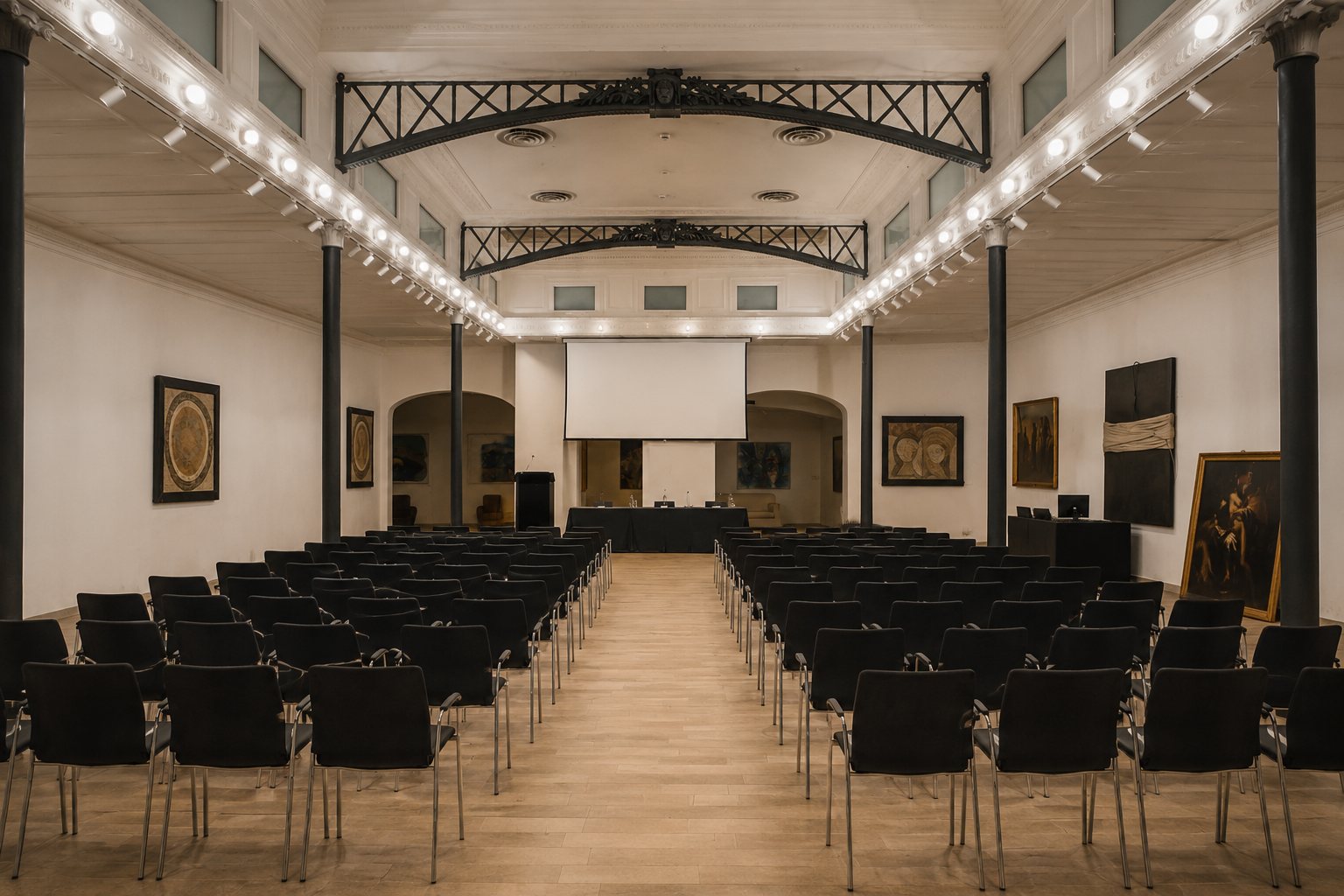 Studio Liberty — platea con tavolo dei relatori e schermo di proiezione, sala per congressi a Roma centro