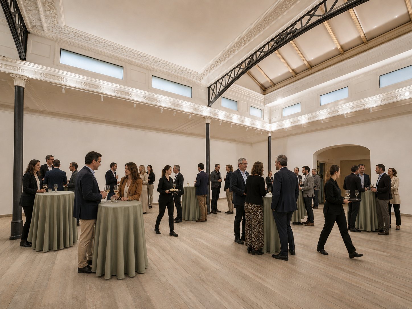 Studio Liberty — la stessa sala durante un cocktail, con tavoli alti e ospiti in piedi