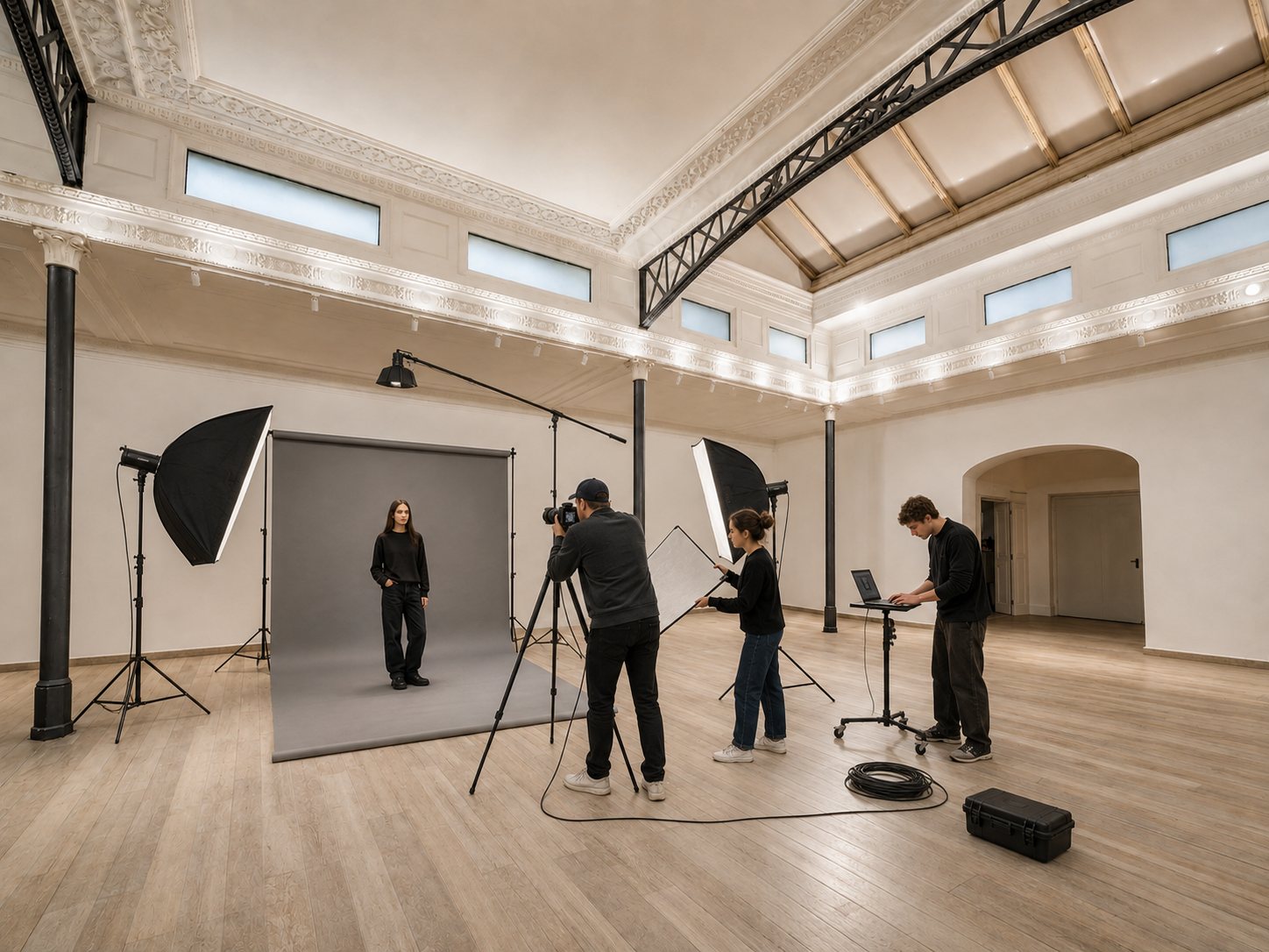 Studio Liberty — set fotografico con fondale grigio, softbox e banco di ripresa nella sala grande, studio in affitto a Roma centro