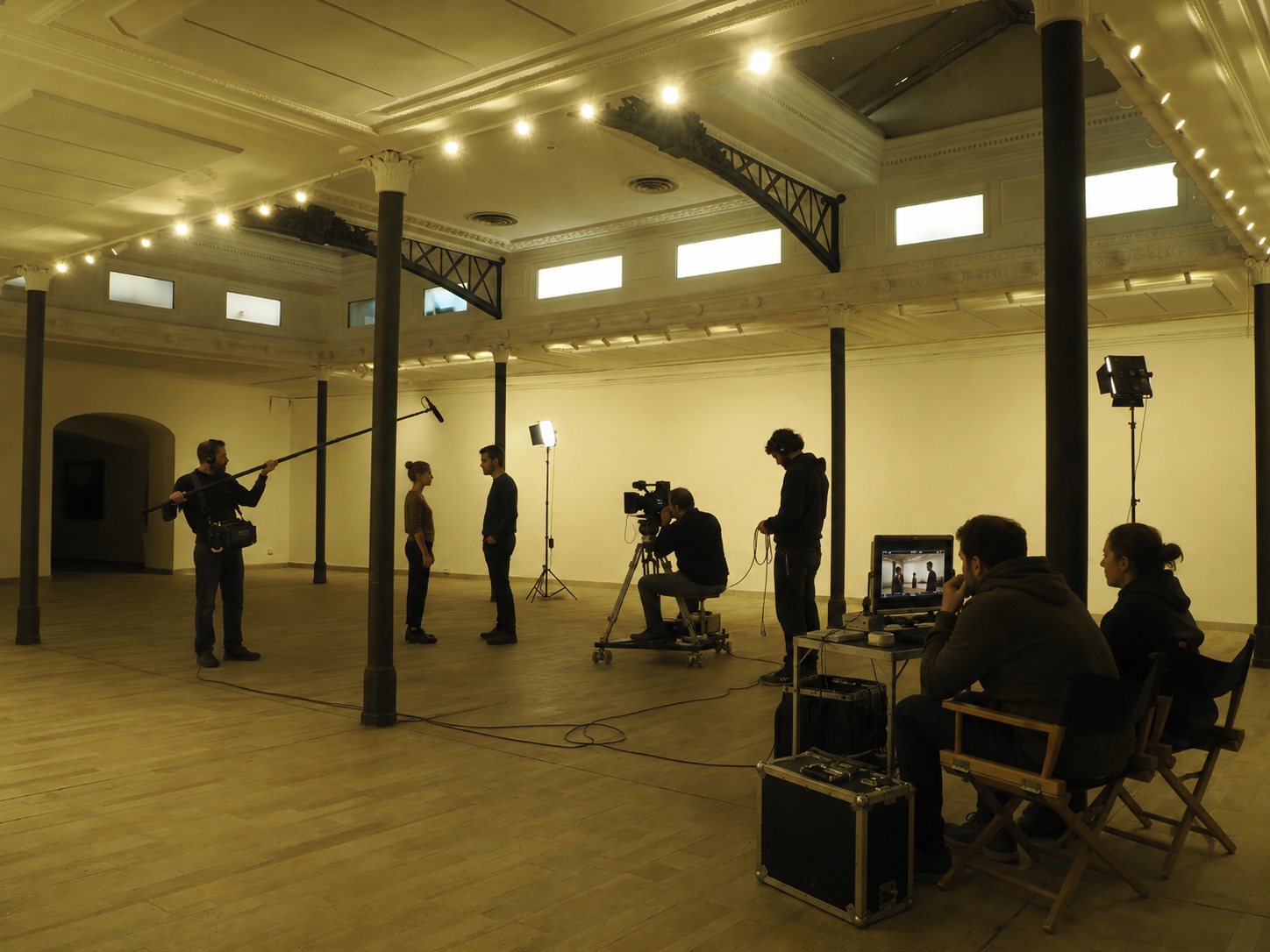 Studio Liberty — riprese nella sala grande con dolly, microfono in asta e postazione di regia, Roma centro
