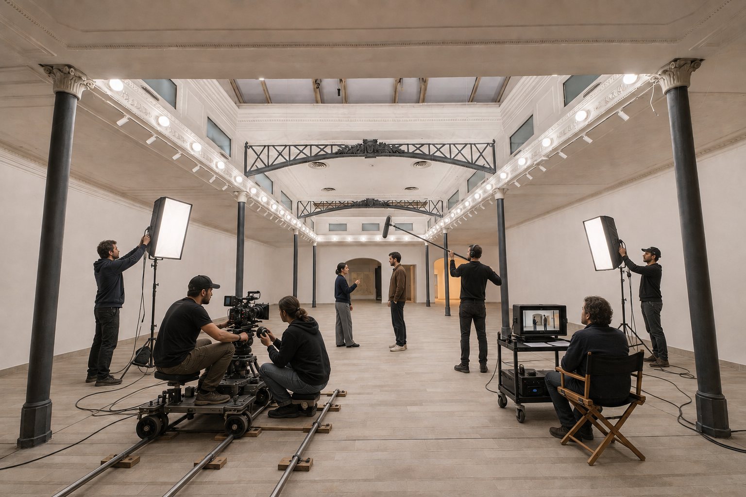 Studio Liberty — la stessa sala trasformata in set cinematografico, con dolly e luci